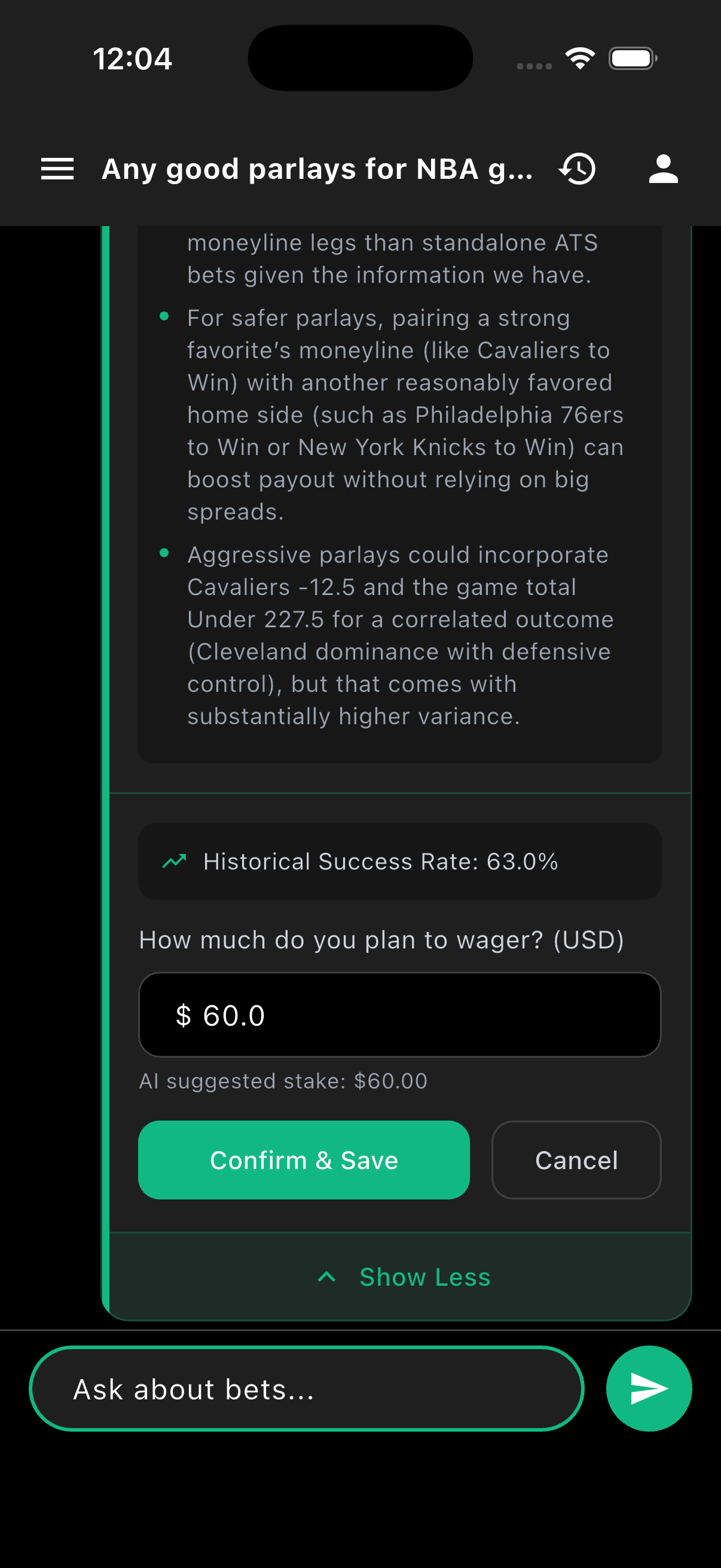 BettinGPT AI Analysis - Detailed parlay breakdown with save bet functionality