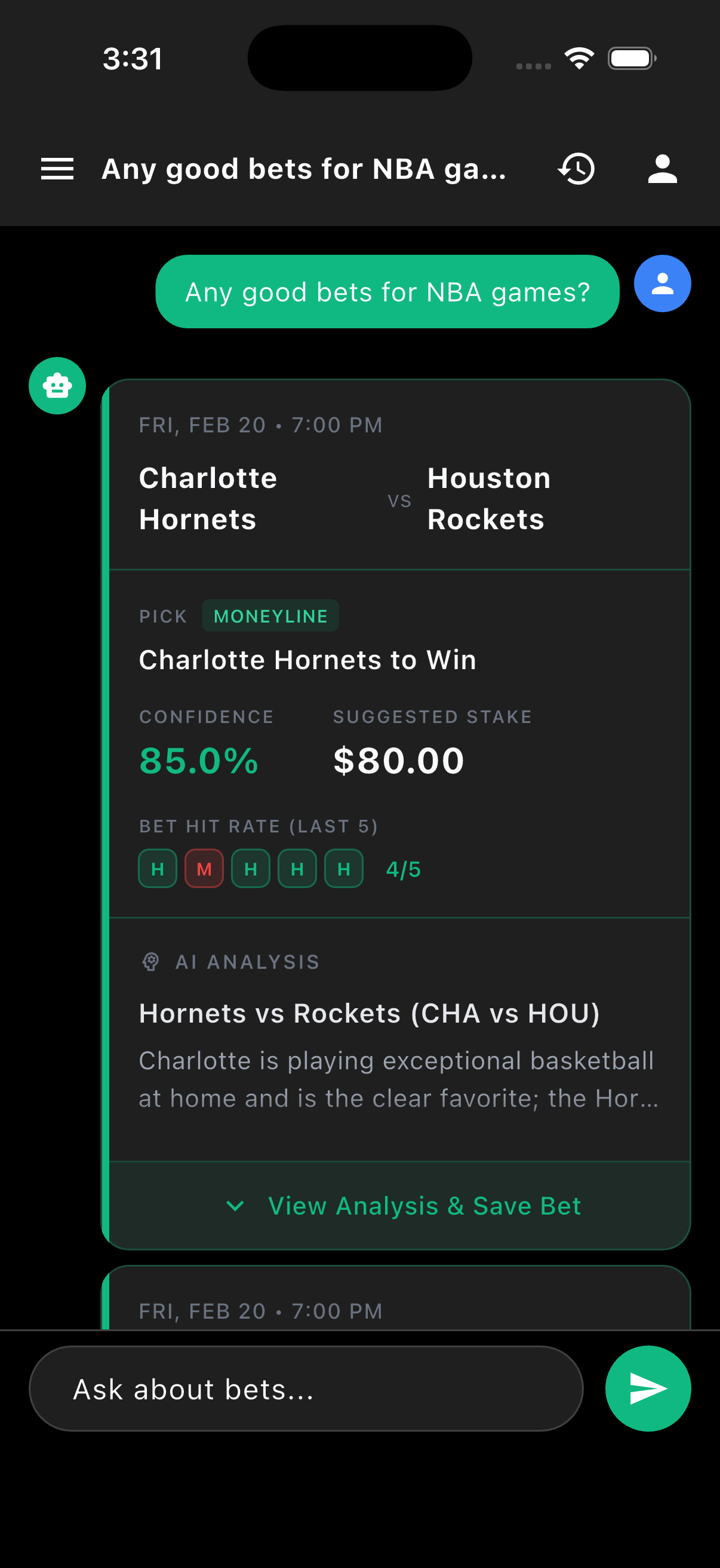 BettinGPT Smart Bet Card - AI-generated bet suggestion with confidence score and analysis