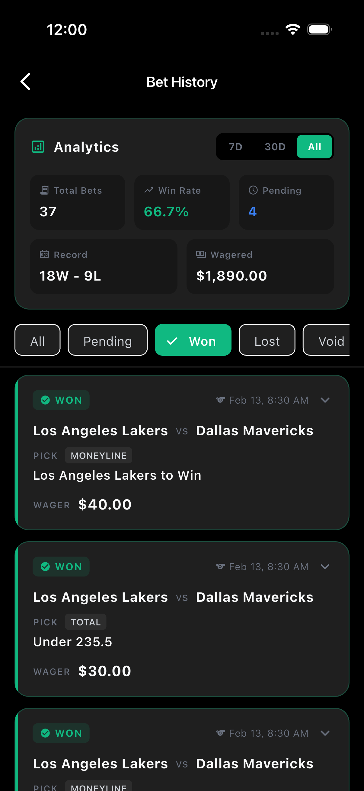 BettinGPT Bet History - Track your bets with analytics dashboard showing win rate and performance